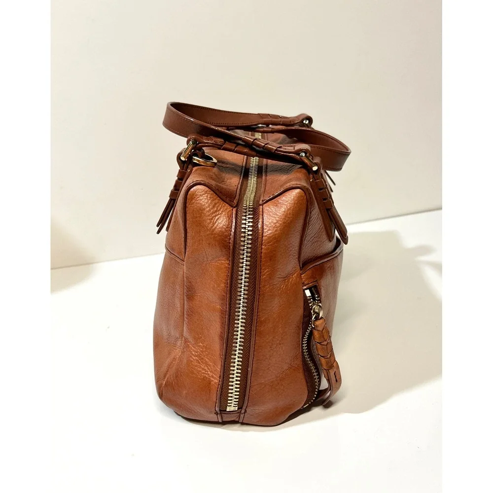 Cole Haan Cognac Leather Satchel Braided Handle Doctor Bag Brown Gold Hardware